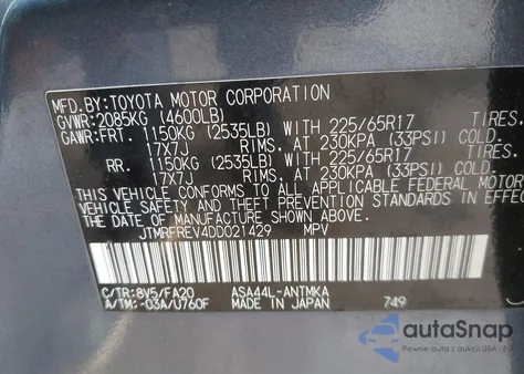 2013 Toyota Rav4 Xle from USA, damaged, VIN JTMRFREV4DD021429